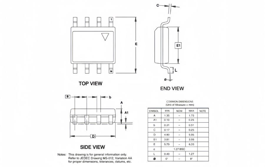 8-SOIC, covering different views like top, end and side views.