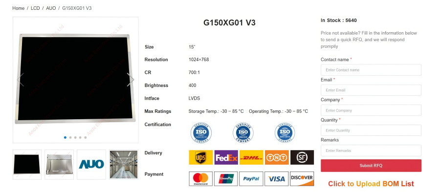AUO G150XG01 V3 15’’ Industrial LCD Display Overview AUO G150XG01 V3 15’’ Industrial LCD Display Overview