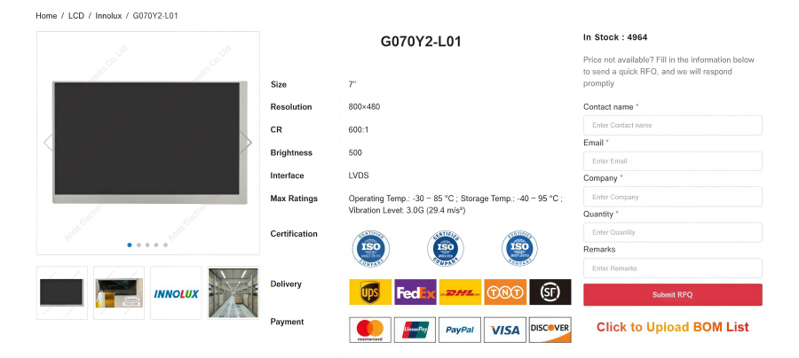 Innolux G070Y2-L01 7'' Industrial & Automotive LCD Panel Innolux G070Y2-L01 7'' Industrial & Automotive LCD Panel