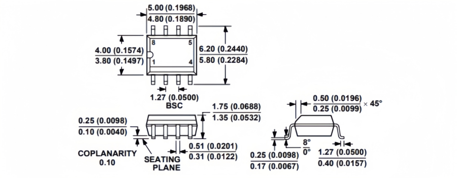 This part shows the package outlines of the ADM705ARZ microprocessor supervisory IC.